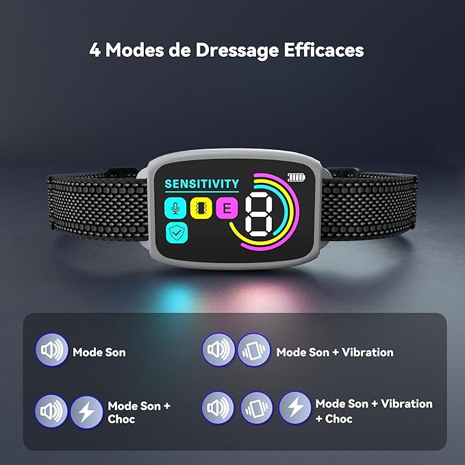 Collier Anti Aboiement Chien Automatique,Modes Vibration/Choc Statique/Son,8 Niveau d'intensité Réglables,Rechargeable pour Gros Petit Chiens,Blanc