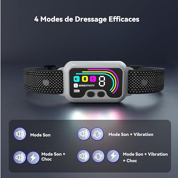 Collier Anti Aboiement pour Chien,3 Modes Son/Vibration/Choc Statique,8 Niveau d'intensité Réglables,IP67 Étanche et Rechargeable pour Gros Petit Chiens