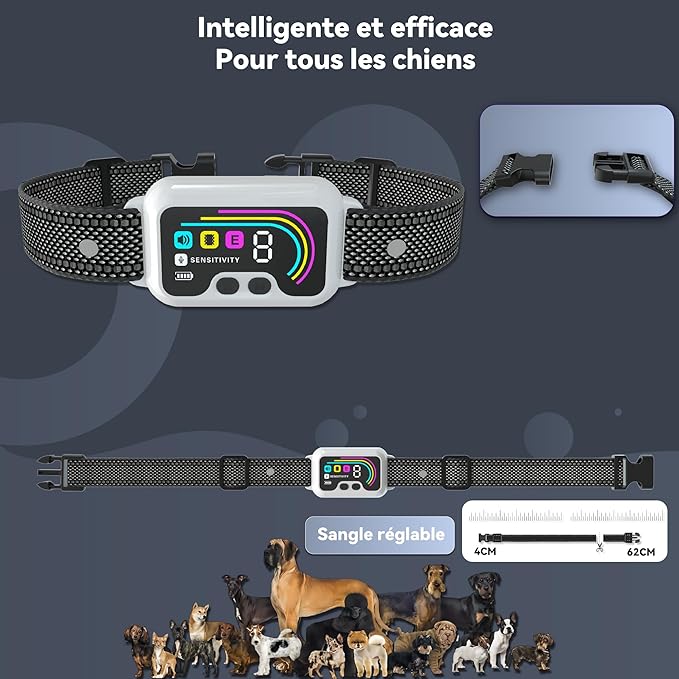 Collier Anti Aboiement pour Chien,3 Modes Son/Vibration/Choc Statique,8 Niveau d'intensité Réglables,IP67 Étanche et Rechargeable pour Gros Petit Chiens