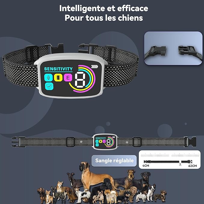 Collier Anti Aboiement Chien Automatique,Modes Vibration/Choc Statique/Son,8 Niveau d'intensité Réglables,Rechargeable pour Gros Petit Chiens,Blanc