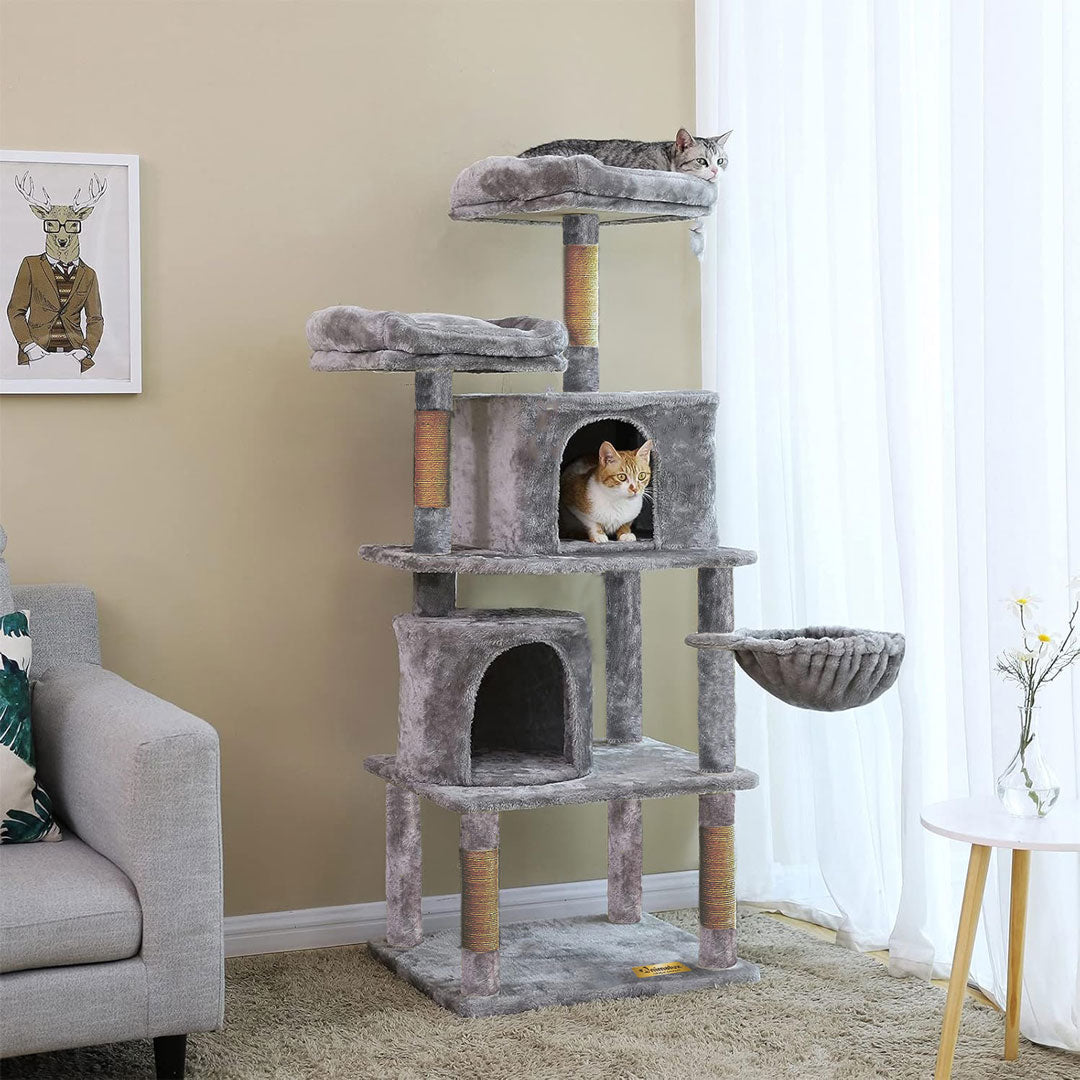Animalux Arbre à chat 150 cm – Luxe, 2 niches, panier, perchoirs, griffoirs sisal et base renforcée