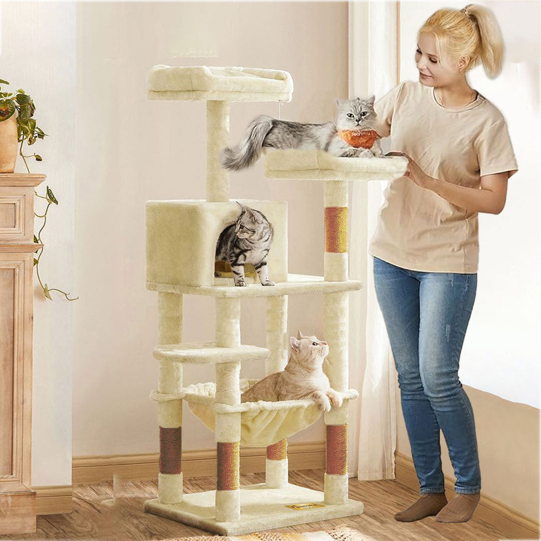 Arbre à chat de luxe en bois naturel – 145 cm-Beige ECO