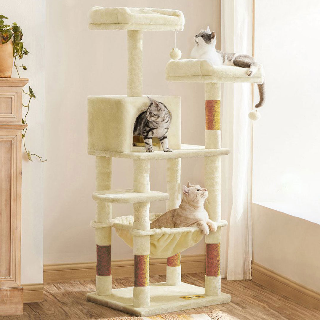 Arbre à chat de luxe en bois naturel – 145 cm-Beige ECO