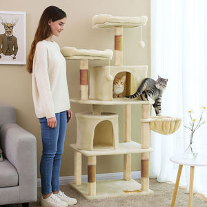 Animalux Arbre à chat 150 cm – Luxe, 2 niches, panier, perchoirs, griffoirs sisal et base renforcée