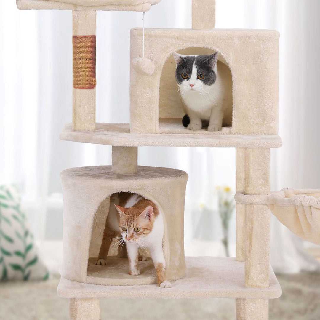 Animalux Arbre à chat 150 cm – Luxe, 2 niches, panier, perchoirs, griffoirs sisal et base renforcée